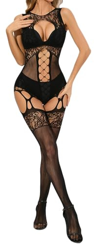 BEINF Intimo Donna Lingerie Sexy Bodystocking a Rete Maglie Taglia unica Cut-Out Hollow Babydoll Body Camicia da Notte Nero