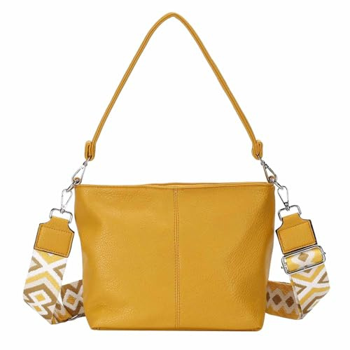 ITALYSHOP24 OBC Damen Tasche Shopper Brusttasche Hobo Bag Schultertasche Crossbody Umhängetasche Beuteltasche Handtasche Crossover BodyBag Leder Optik Gelb
