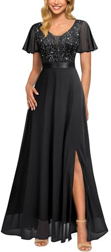 MIUSOL Women's Elegant Double V-Neck Sequin Embroidered Prom Bridesmaids Party Gown Formal Maxi Dress (X-Large, Black)