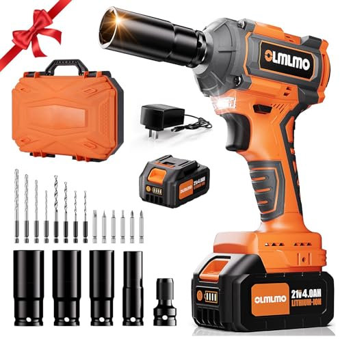 Olmlmo 400 N.m/294Ft-lbs Llave de impacto inalámbrica, 2x4,0 Ah Pistola de Impacto Baterías, 1/2 llave de impacto Electrica con 4 dado de impacto, 8 taladros, 6 puntas, para el hogar del automóvil