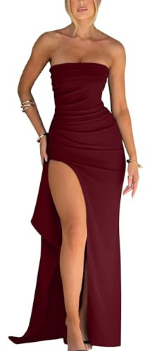 YMDUCH Women's Elegant Strapless Bodycon Ruched Ruffle High Split Long Formal Evening Dress WineRed