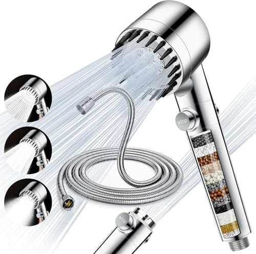 Duschkopf mit Schlauch 2M, Hochdruck Duschkopf mit Filter, Duschbrause Wassersparend mit 3 Strahlarten & Stoppfunktion, Handbrause Dusche mit Filtration in 15 Schichten für Entfernen vom Chlor, Silber