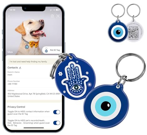 PawView QR-kod identitetsbricka UK 2-pack – ID-bricka för hundhalsband, vattentät hartsetikett för förlorad husdjursåterhämtning – skanningsvarningar i realtid, delbar husdjursprofil (ond öga och