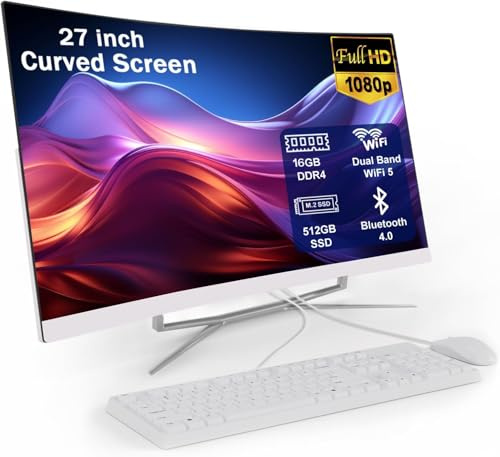 All-in-One PC mit 27-Zoll-Curved Display, Celeron N100 (Up to 3,4GHz), 16 GB RAM, 512 GB SSD, Dual Band WiFi, Bluetooth 4.0, USB 2.0 x 2, USB 3.0 x 4, LAN*1, HDMI*1, Audio*1, VGA*1 - Complete with