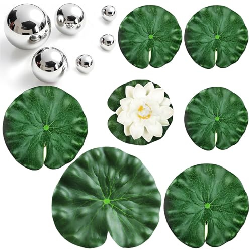 Rostfritt stål tittkula med 6 flytande lotusblad, 1 konstgjorda näckrosor, 6 reflekterande trädgårdskulor, flytande bollar för minidamm, trädgård, fontäner, terrasser