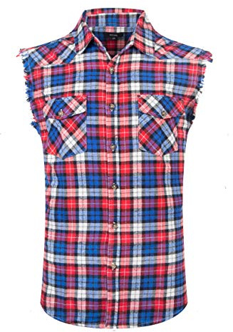NUTEXROL Men's Casual Flannel Plaid Shirt Sleeveless Cotton Plus Size Vest Red&blue&white X-Large
