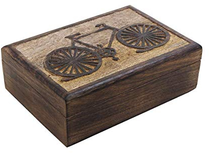 Ajuny Hand Carved Wooden Decorative Jewellery Keepsake Storage Box With Bicycle Motifs Design Multipurpose Use As Watch Box, Treasure Chest Box Great For Gifts 10x7 Inch