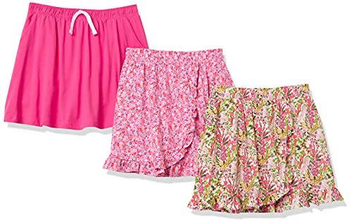 Amazon Essentials Jupe-Short en Maille avec Taille Élastique et Short Intégré Respirant Fille, Lot de 3, Rose Fleuri, 6-7 Ans