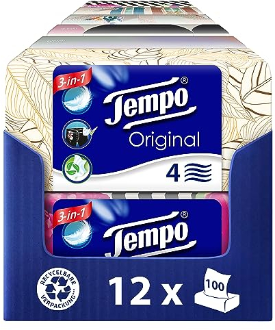 Tempo Original Taschentücher Box - Vorteilspack - 12 Boxen, 100 Tücher pro Box - extra starke, weiche Papiertaschentücher, waschmaschinenfest