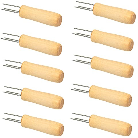 Juego 10 Soportes para mazorcas maíz,Soporte Acero Inoxidable,Mango Madera,Pinchos para mazorcas maíz,3 Dientes,Tenedor maíz,Soporte maíz para Patatas pellatas Food Fruit Forks,Herramienta Cocina