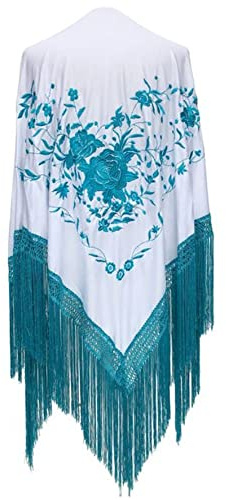 La Senorita Châle manton espagnol brodé. Foulards de flamenco pour la robe de foire, de sévillane ou de flamenco. Large [190 x 90 cm] Taille idéale pour tous les âges [filles et femmes], blanc/bleu, L