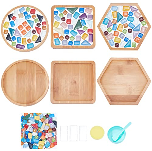 WEBEEDY 3 Stück Porzellan-Mosaik Fliesen-Mosaik-Kit Mit Holzuntersetzer Mosaiksteine DIY Mosaik Untersetzer Bastelbedarf Für Untersetzer Geburtstagsgeschenk(Kein Mörtel und Kleber)