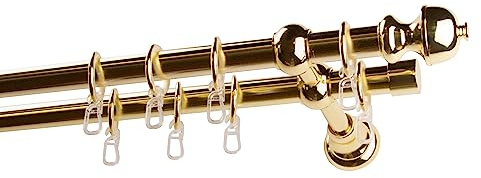 Garesa Gardinenstange Andrea Ø 20mm, 2-läufig, Messing I Stabile Vorhangstange inkl. Ringe + Faltenlegehaken I Mit Endknopf Profil klein I 190cm