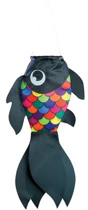 In the Breeze 5224 — 15-inch Black & Rainbow Damsel Fish — Colorful Fishsock Hanging Garden Decor with Detailed Printed Graphics