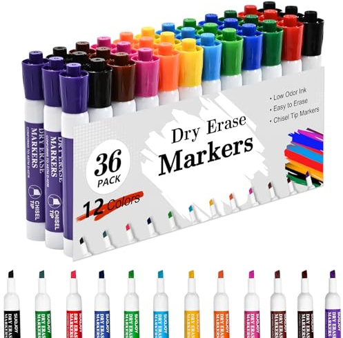 SUQJOY Dry Erase Markers, Chisel Tip Whiteboard Markers, Low Odor Dry Erase Marker, 36 Bulk 12 Assorted Color Markers for Kids/Teachers