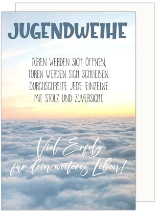 Edition Seidel Carte de vœux de qualité supérieure pour la cérémonie de jeunesse avec enveloppe - Carte de vœux avec inscription en allemand - Motif ciel nuages - Pour garçon et fille (JW139 SW024)
