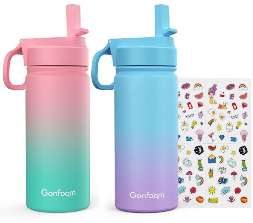 Kids Water Bottle, 2-Pack 16oz Kids Water Bottle with Stickers for School, insulated Stainless Steel Straw Cup(Pink+Blue)