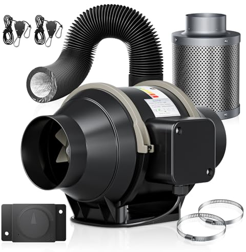 Trsaow Kit de Ventilador de Conducto de 100 mm, Kit de Ventilación Con Caudal de Aire de 360 ​​m³/h, Ventilador de Tubo en Línea Completo Con Controlador de Velocidad Silent Duct Fan
