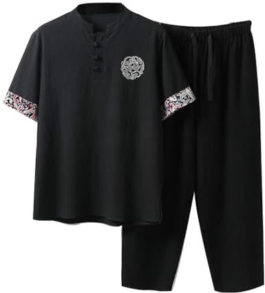 OLSKFUH Lockerer Kung-Fu-Kampfsportanzug Aus Baumwolle Und Leinen, T-Shirt Und Hose – Tang-Anzug Für Herren, Traditionelle Chinesische Kleidung,Black-4X-Large