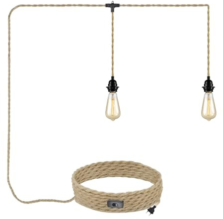JZCDR Lampada a sospensione con corda di canapa con spina 2 portalampada E27 cavo tessile 6M kit sospensione lampada vintage con interruttore e spina lampadario fai da te per sala da pranzo/camera da
