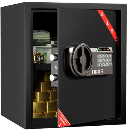 KABISAFE Coffre-Fort de Sécurité pour la Maison avec Code Numérique, Clé et Éclairage LED – Grand Coffre 45L pour Argent, Bijoux et Documents A4