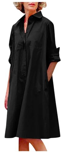 Robe en tricot pour femme - Style décontracté - Couleur unie - Col à revers - Longue chemise - Robe noire fendue
