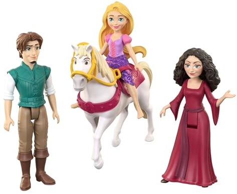 Mattel Disney Princess - Set Personaggi Rapunzel, 4 mini bambole ispirate al film, Rapunzel, Flynn Rider, Madre Gothel e il cavallo Maximus con sella, 3+ anni, JHG85