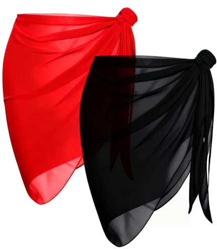 2-Pack Chiffon Beach Cover Ups for Women - Lightweight Sarong Wrap Skirt, Bathing Suit Bikini Swimwear Coverup, Summer Beach Accessories (Red+Black)