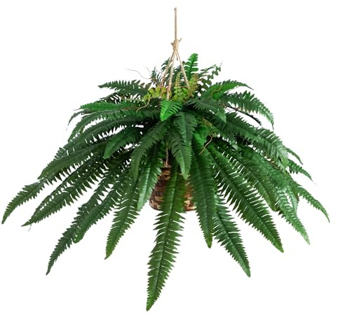 Nearly Natural 22in Artificial Boston Fern, Hanging Basket Faux Greenery for Indoor Home Porch Decor Green