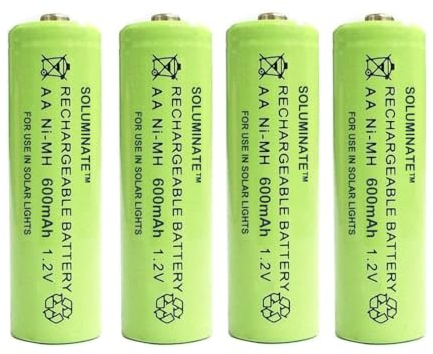 4 x Soluminate™ UK AA Rechargeable Solar Light Batteries 1.2V 600mAh NiMH Ni-MH for use outdoors in Garden Solar Lights