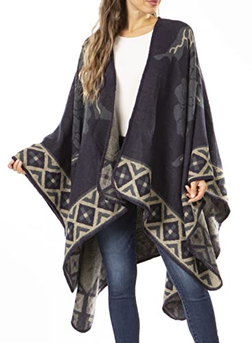 Sakkas 1928 - Lupe Womens Réversible Poncho Wrap Cape Châle Manteau Cardigan Motif - Tile Bleu - OS