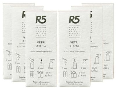 R5, Multipack 12 Refill Vetri, Detergente Vetri, Ideale per la Pulizia di Vetri, Cromature e Cristalli, Fragranza Acacia e Rosmarino, Soluzione Eco-Formato, Vegan, Cruelty Free, Made in Italy