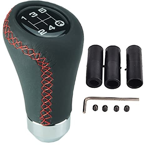 Universal 5 Gang Schalthebel Schaltknauf mit roter Naht inkl. 3 Adaptern 8mm 10mm 12mm, kein Gewinde!!