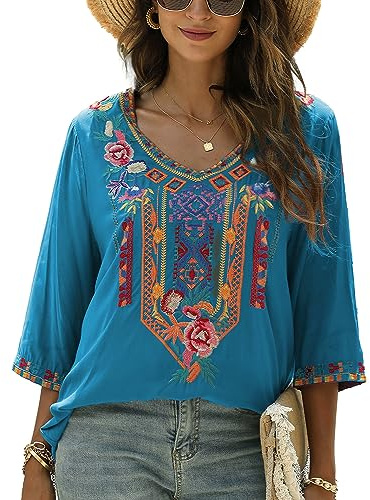 Seasonal Bohemian Embroidery Mexican Tops Women's Summer Boho Shirts Hippie Peasant 3/4 Sleeve V Neck Blouses Tunic