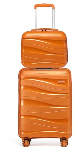 Kono Suitcase Sets of 2 Piece Lightweight Carry On Hand Cabin Luggage Polypropylene Hard Shell Suitcase with TSA Lock Spinner Wheels Travel with Beauty Case (Set of 2, Orange)