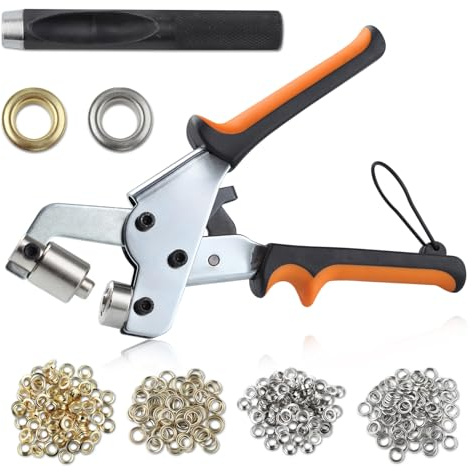 LEONTOOL Grommet Tool Kit Portable Handheld Press Grommet Pliers Kit, Eyelet Hole Punch Pliers Set with 500pcs Metal Eyelets and Grommets for Fabric Leather Canvas Tarp Banner (7/16 Inch 10.5mm)