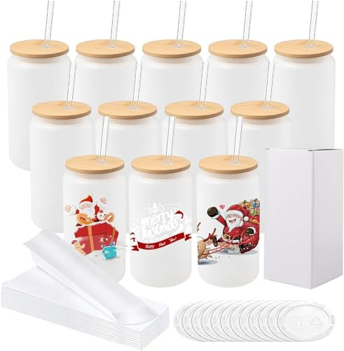 Malloom 12 Pack Sublimation Glass Blanks with Lid, 16oz Frosted Sublimation Beer Can Glass with Glasses Straws and Gift Box, Sublimations Glasses Tumblers for Iced Coffee Juice Soda Drinks