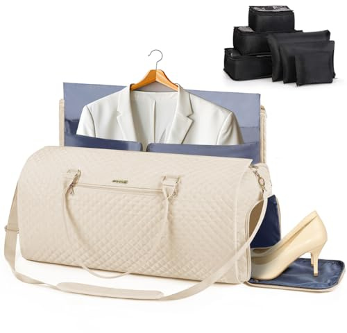 Lekeinchi 2 in 1 Porta Abiti da Viaggio Donna, Impermeabile Borsa da Viaggio Porta Abiti Pieghevole con 6 Cubi da imballaggio e Porta Scarpe, Travel Bag Borsone Uomo for Palestra, Vacanze, Beige