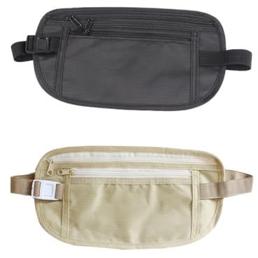 2 Stück Verdeckter Geldgürtel, Sport-Gürteltasche Geldgürtel für Damen und Herren, Bauchtasche Zum Reisen Flach mit RFID-Blocker Taillenbeutel für Reisepass, Geldbörse & Telefon Beige,Schwarz