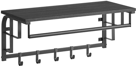 VASAGLE Appendiabiti da Parete, Mensola da Muro con 5 Ganci Rimovibili, Mensola da Parete, Barra Attaccapanni, per Ingresso Camera da Letto Soggiorno, Grigio Antracite e Nero LCR012B13