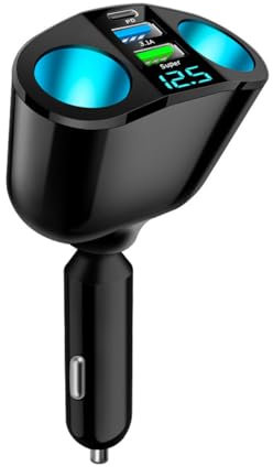 CGEAMDY Auto Zigarettenanzünder, 2-Buchse Zigarettenanzünder Adapter mit LED-Voltmeter, Dual USB QC3.0 Typ-C 20W PD schnelles Autoladegerät, 12V/24V Auto Splitter Adapter für Telefon GPS Dash Cam