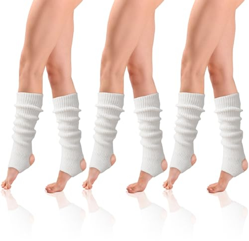 FUIPVGI 3 Pares Calentadores Piernas Mujer, Calentadores Largos de Ballet de Punto para Mujer y Niña, con Agujero en el Talón, Calentadores de Invierno para Yoga Ballet Danza (Blanco)