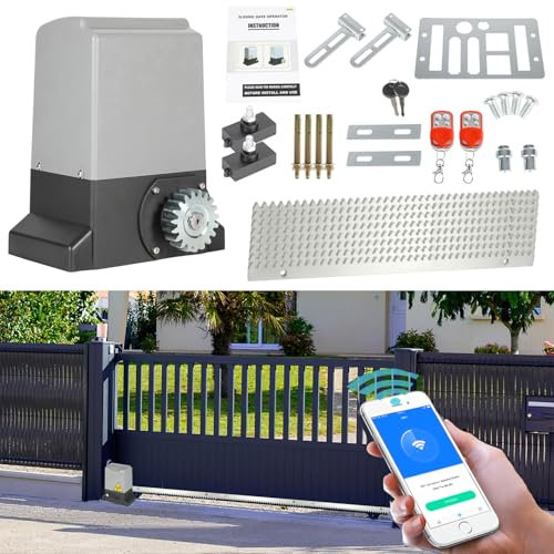 Fiqops Schiebetorantrieb Set 1200kg 550W, Smart WiFi Torantrieb automatischer mit 2 Fernbedienungen, 4m Zahnstange, 2 Entriegelungsschlüssel und Automatische Schließfunktion für Hotelbis