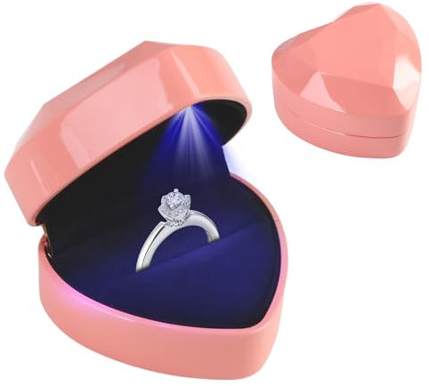Scatola Anelli con Luce a LED, Scatola per Anello con Luce, Scatola Regalo Gioielli Elegante, Presentazione Romantica per Fidanzamento, Proposta Matrimonio Scatolina per Anello con Luce Led (1, Rosa)