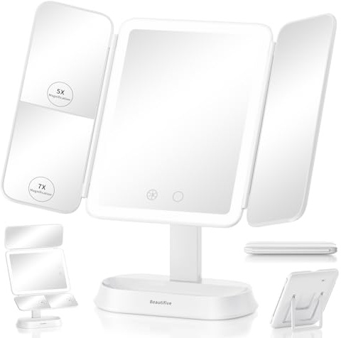 7X/5X/1X Lighted Makeup Mirror with Magnification, 360° Rotation & Detachable Travel Makeup Mirrors with 100 Led Lights, Portable Trifold Light Up Magnifying Mirror with 3 Lights Colors for Desktop