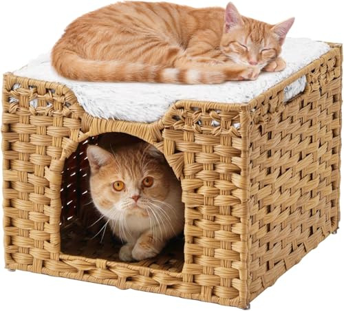 Handwoven Rattan Cat Cave Pet Cube, Large Foldable&Hideaway Cat Beds Indoor Kitten House (16.5''x16.5''x13.2'')