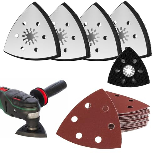 4 Plaques de Ponçage Triangulaires 93 mm + 24 Feuilles Abrasives, Accessoires Ponceuse Triangulaire avec Base Métallique et Haute Adhérence pour Ponçage Bois, Métal, Plastique, Pierre et Coins