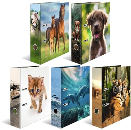 Herma Folder A4 Animal Motifs Set, 10 Pieces, 7 cm Wide, Children's Ring Binder with Animal Motif, Colourful Lever Arch File with Inner Print for Boys and Girls