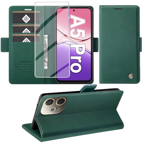 Giyer Cover per OPPO A5 Pro Custodia con Vetro Temperato, Premium Pelle PU Portafoglio Slot per Scheda RFID Antifurto Funzione Supporto Flip Case, Antiurto per OPPO A5 Pro 5G Cover (Verde)