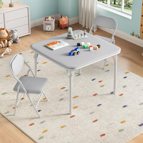 Aptliton Foldable Children's Table & Chair Set, Grey, 3Pcs | Upholstered Square Card Table & Soft PU Chairs for Toddlers, Portable Activity Furniture for Home, Daycare, Playroom